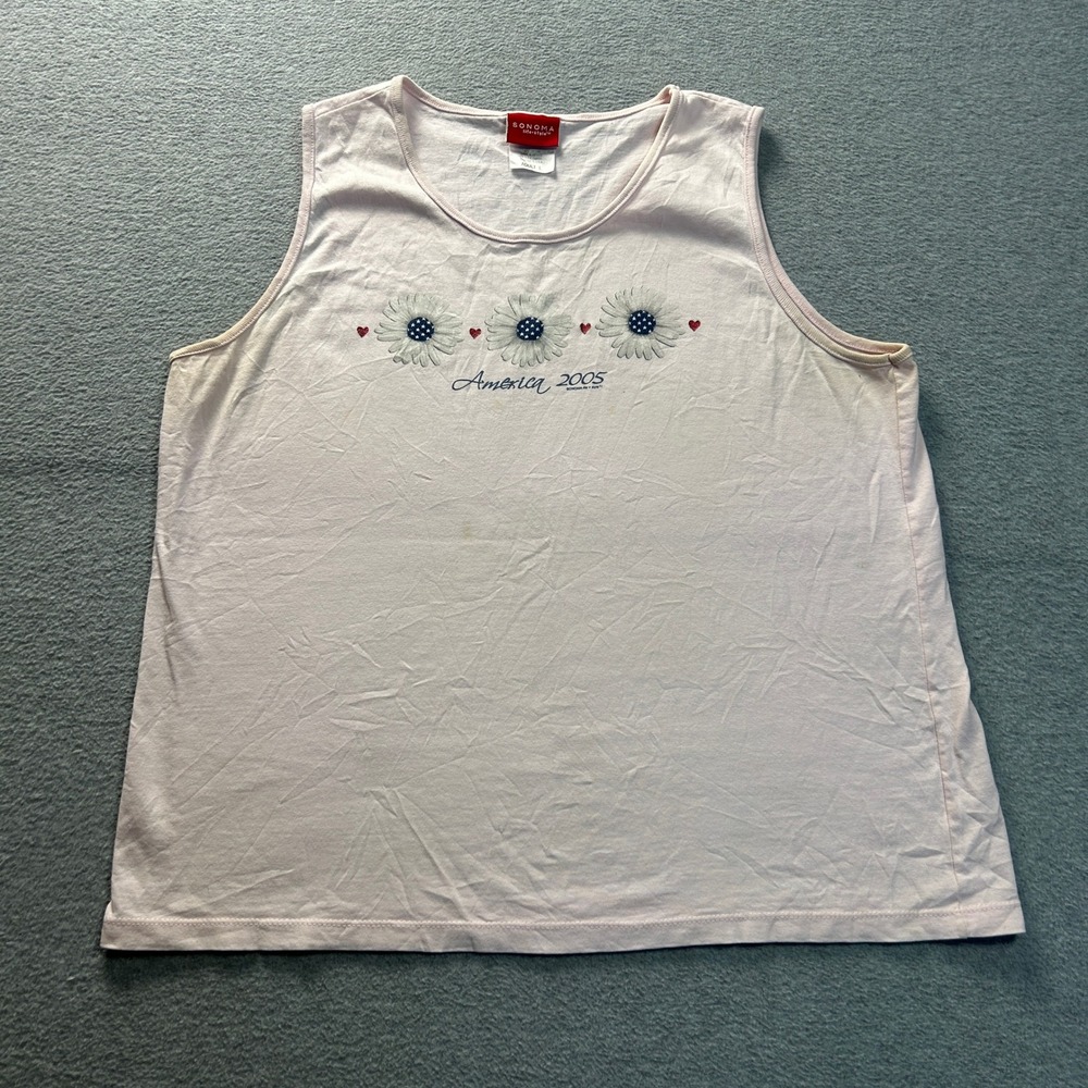 Sonoma Tank Top Womens Large White America 2005 Embroidered Floral Knit Cotton